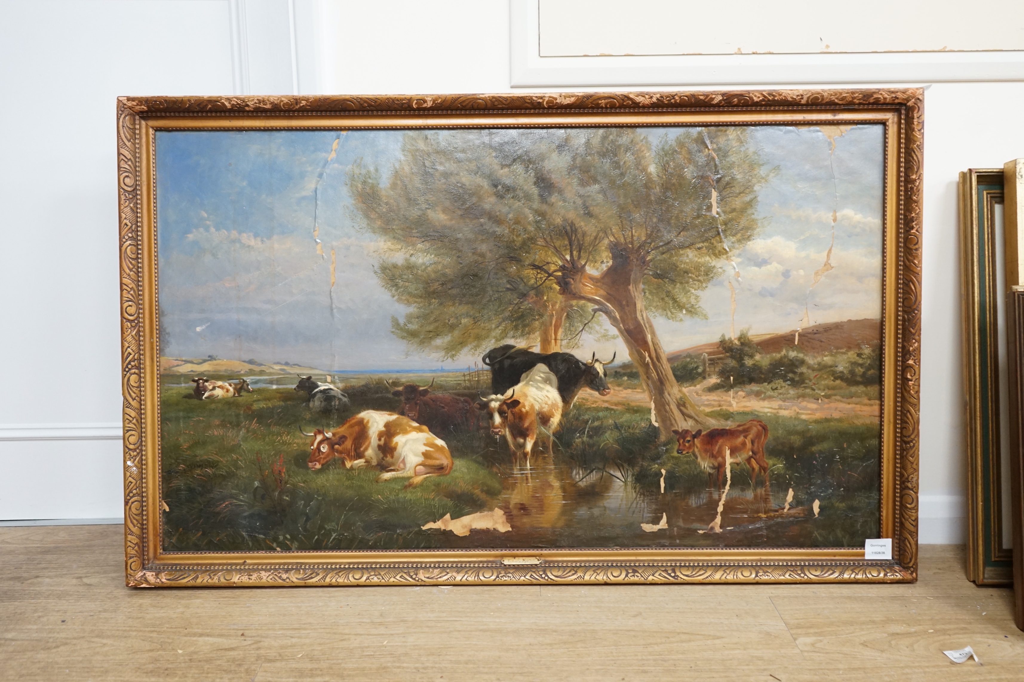 After Thomas Sidney Cooper (1803-1902), oil on canvas, Pastoral landscape with cattle by a pond, inscribed plaque to the frame, 64 x 110cm (badly water damaged)